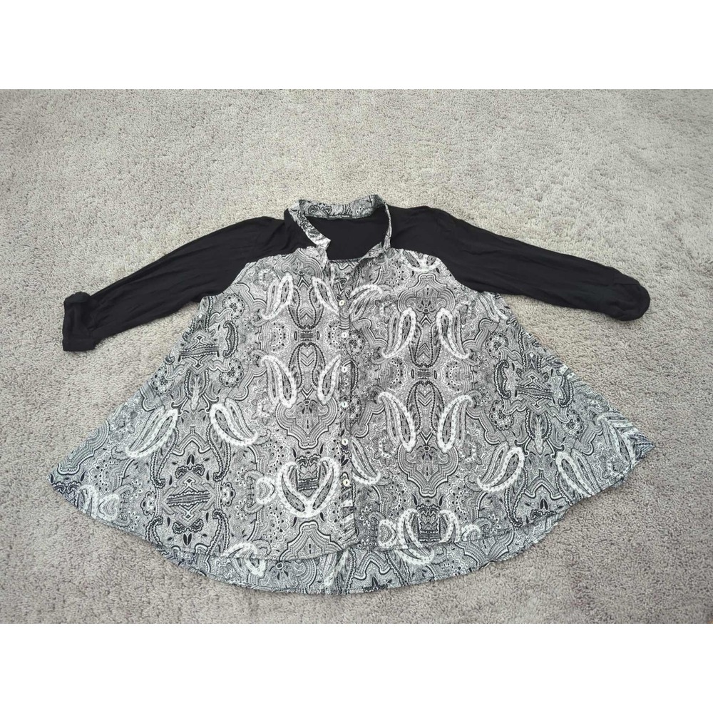 Cha Cha Vente Tunic Blouse Womens Large Gray Paisley 3/4 Sleeve Made in USA